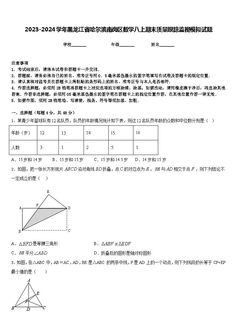 2023-2024学年黑龙江省哈尔滨南岗区数学八上期末质量跟踪监视模拟试题含答案01