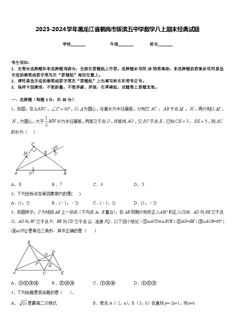 2023-2024学年黑龙江省鹤岗市绥滨五中学数学八上期末经典试题含答案01