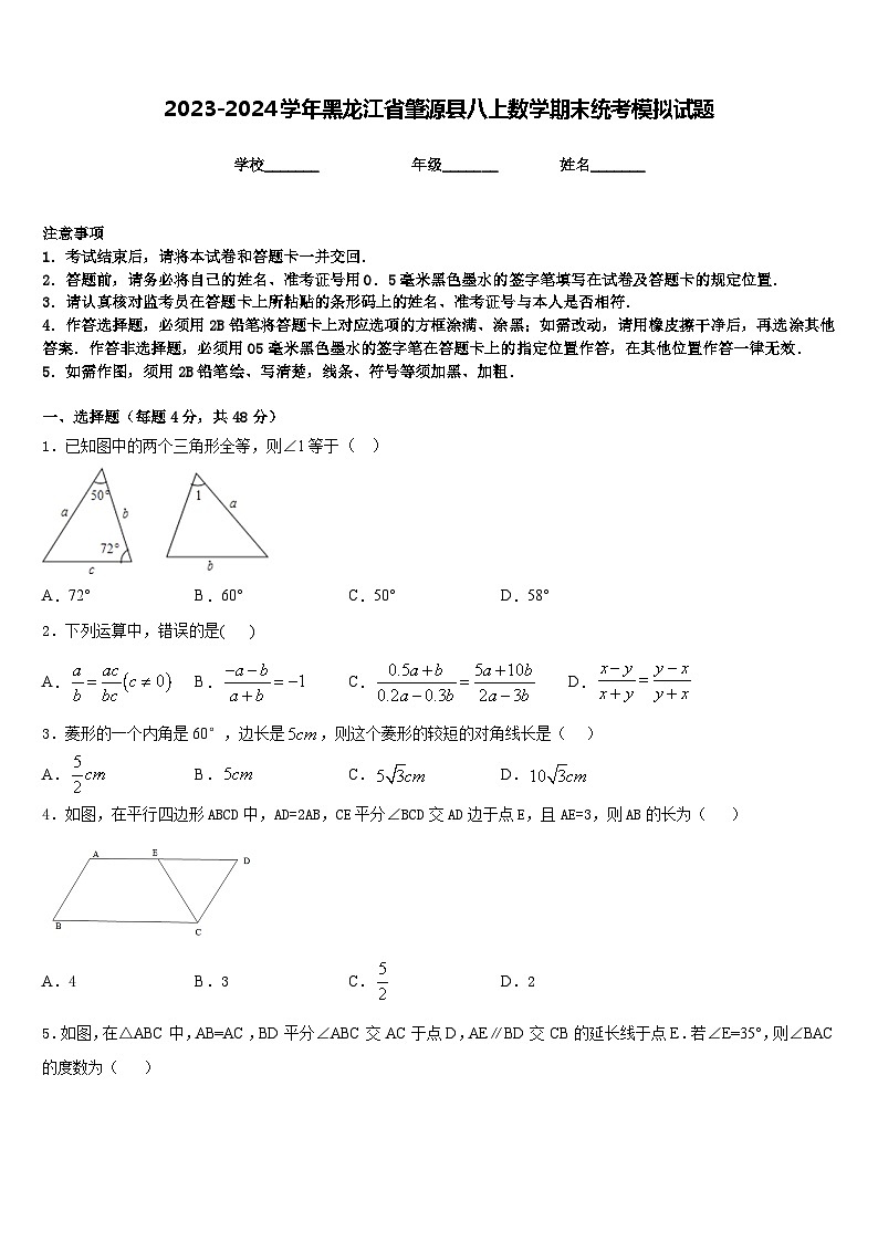 2023-2024学年黑龙江省肇源县八上数学期末统考模拟试题含答案第1页