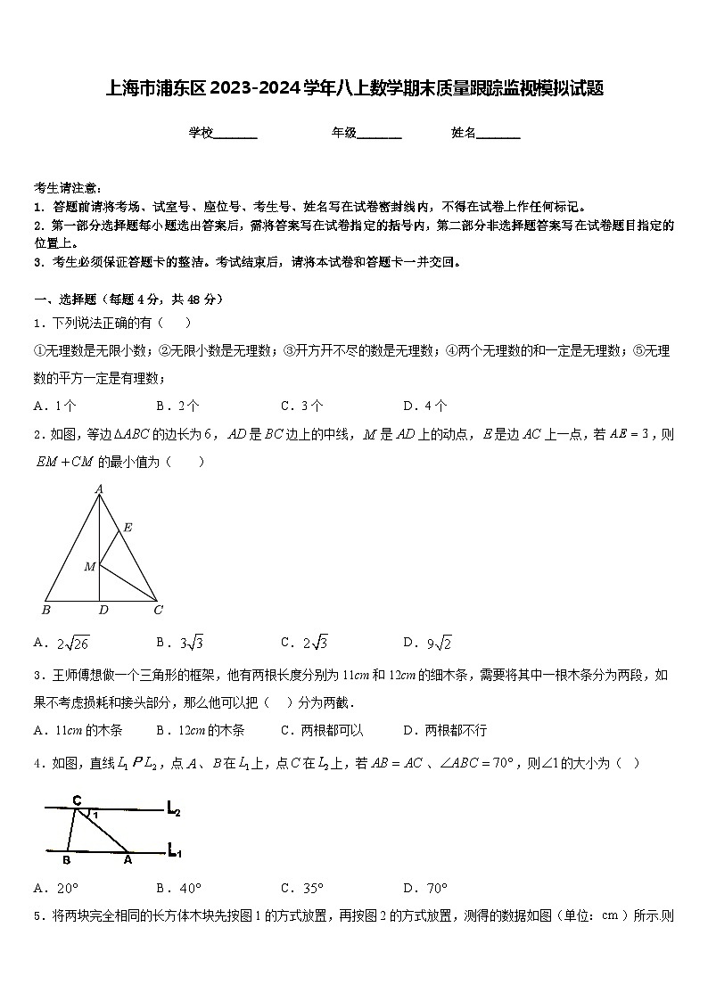 上海市浦东区2023-2024学年八上数学期末质量跟踪监视模拟试题含答案01