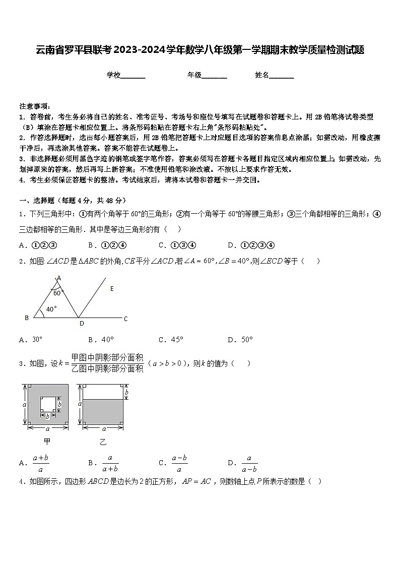 云南省罗平县联考2023-2024学年数学八年级第一学期期末教学质量检测试题含答案第1页