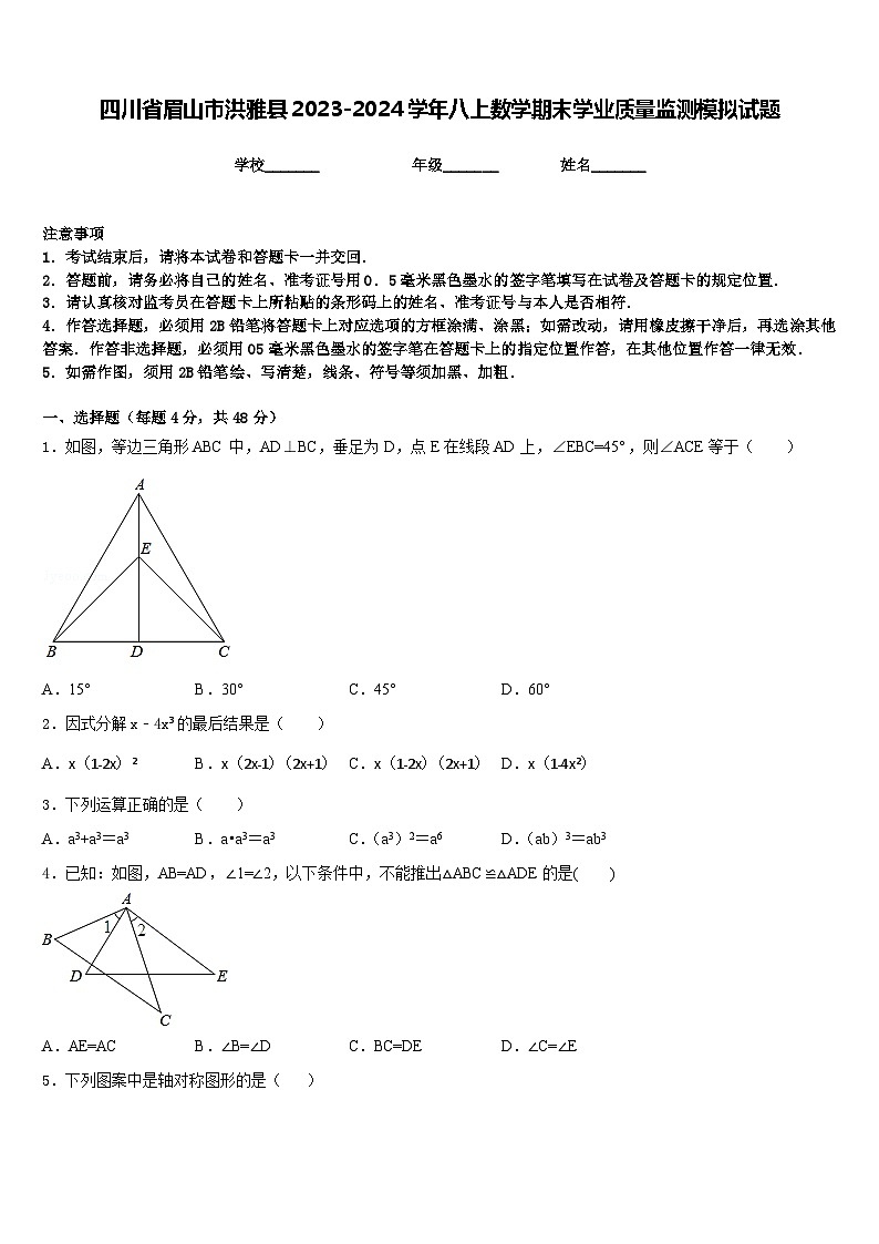 四川省眉山市洪雅县2023-2024学年八上数学期末学业质量监测模拟试题含答案01