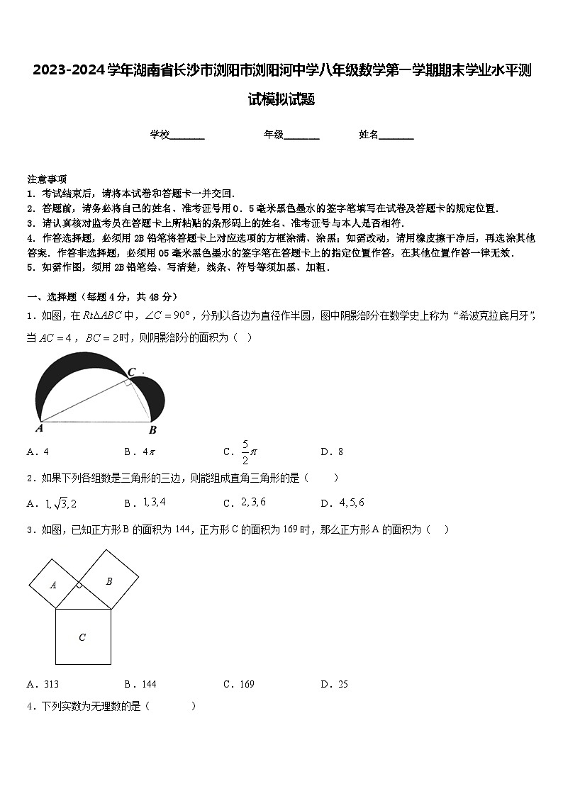 2023-2024学年湖南省长沙市浏阳市浏阳河中学八年级数学第一学期期末学业水平测试模拟试题含答案01