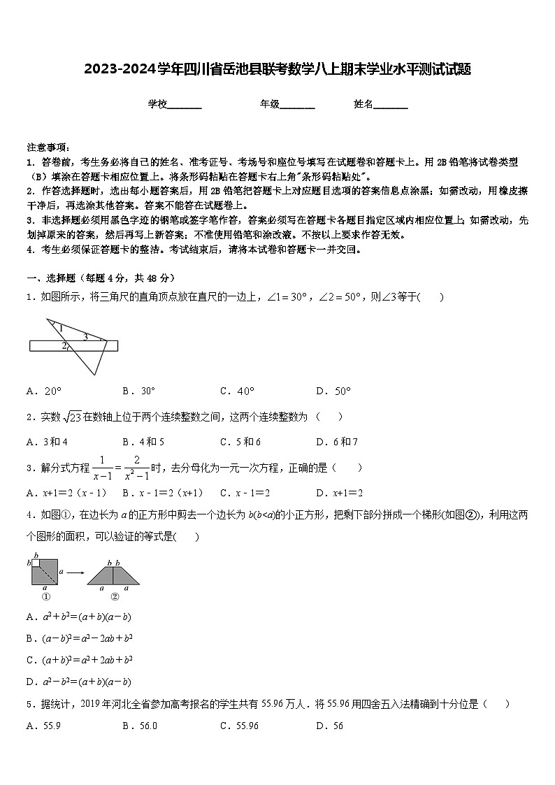2023-2024学年四川省岳池县联考数学八上期末学业水平测试试题含答案01