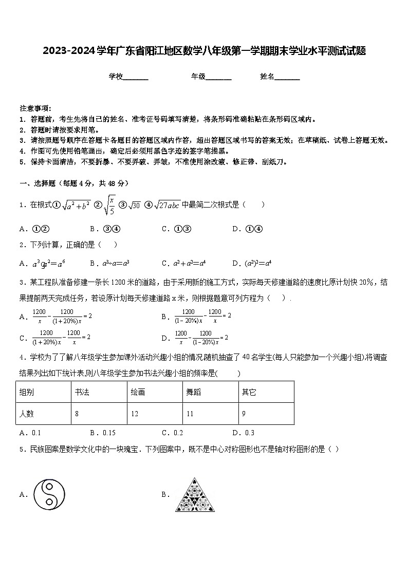 2023-2024学年广东省阳江地区数学八年级第一学期期末学业水平测试试题含答案第1页