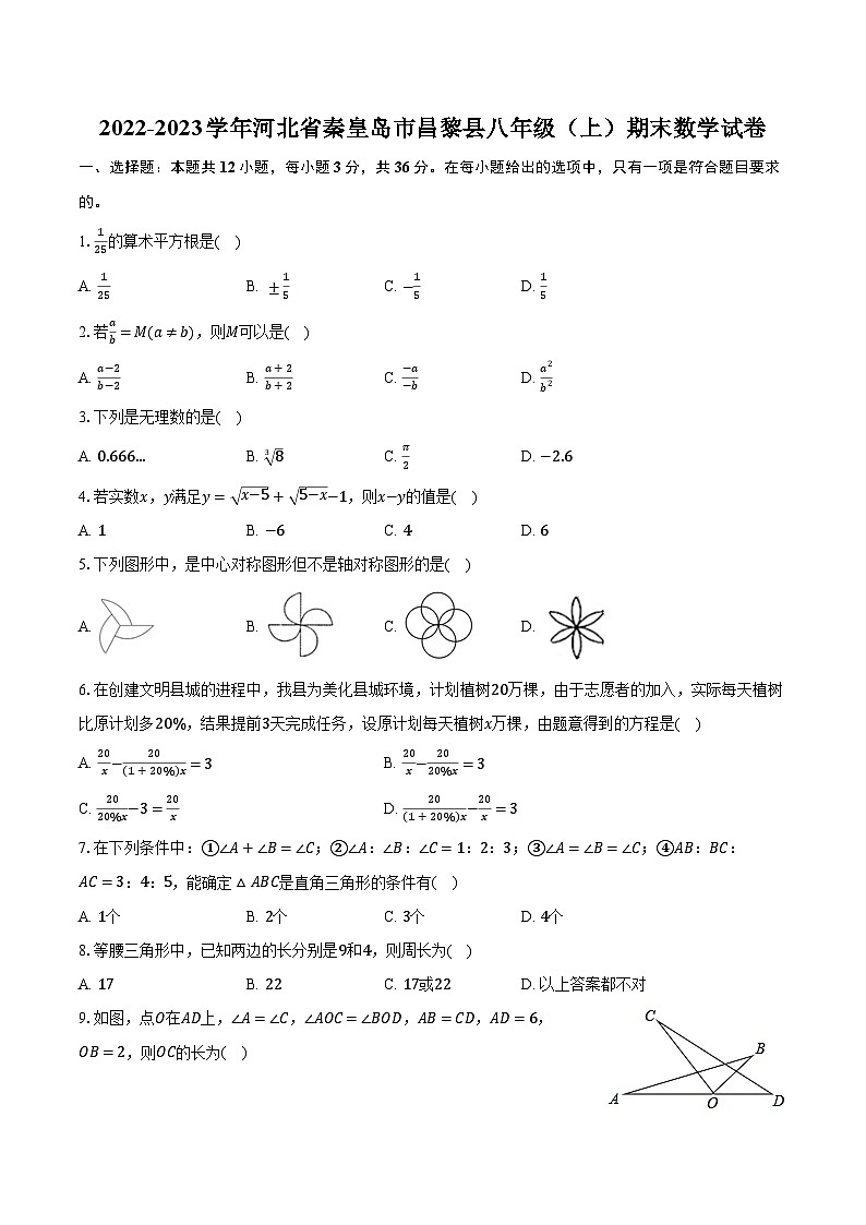2022-2023学年河北省秦皇岛市昌黎县八年级（上）期末数学试卷（含解析）第1页