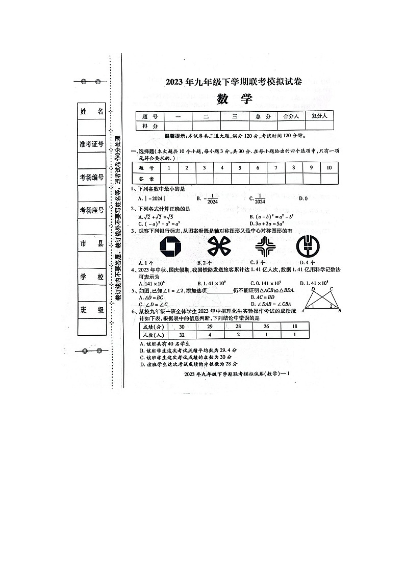 2024年湖南省邵阳市邵东市邵东县两市镇向阳中学中考三模数学试题第1页
