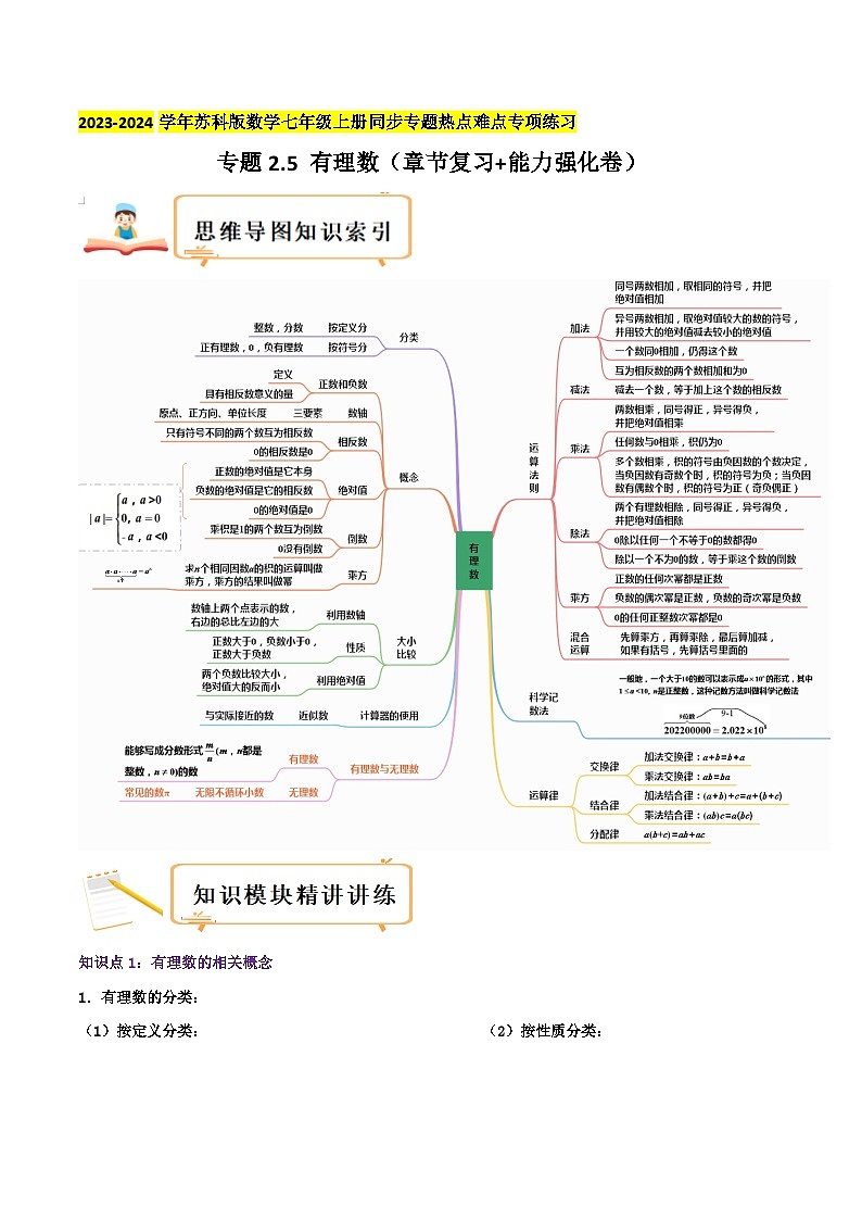 苏科版数学七年级上册同步专题热点难点练习 专题2.5 有理数（章节复习+能力强化卷）学生版+教师版第1页