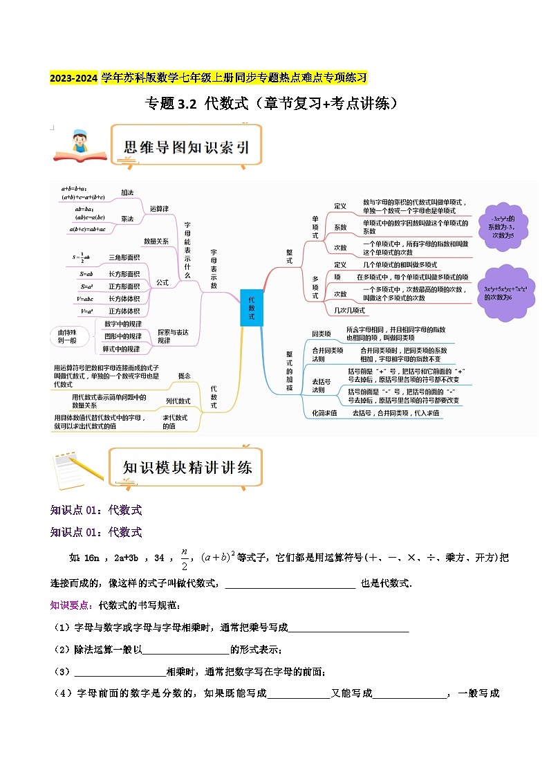 苏科版数学七年级上册同步专题热点难点练习 专题3.2 代数式（章节复习+考点讲练）学生版+教师版第1页