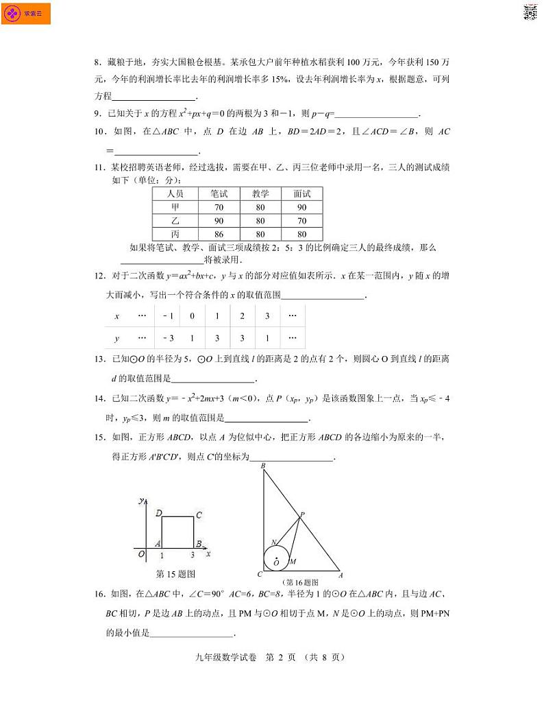 树人中学2022-2023学年上学期九年级期末复习数学试卷第2页