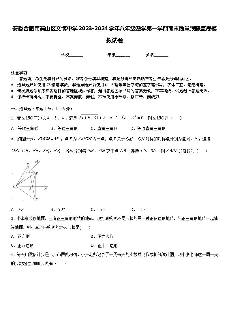 安徽合肥市蜀山区文博中学2023-2024学年八年级数学第一学期期末质量跟踪监视模拟试题含答案第1页