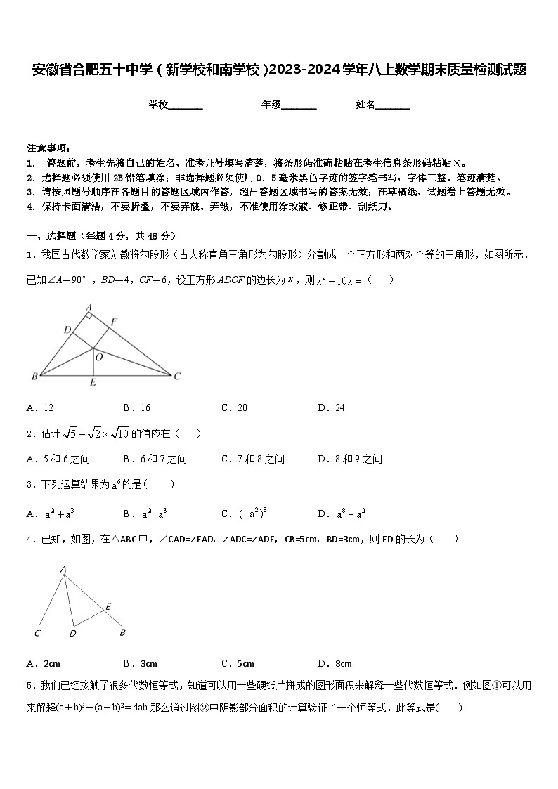 安徽省合肥五十中学（新学校和南学校）2023-2024学年八上数学期末质量检测试题含答案第1页