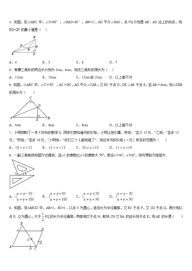 安庆市重点中学2023-2024学年八年级数学第一学期期末质量检测模拟试题含答案02