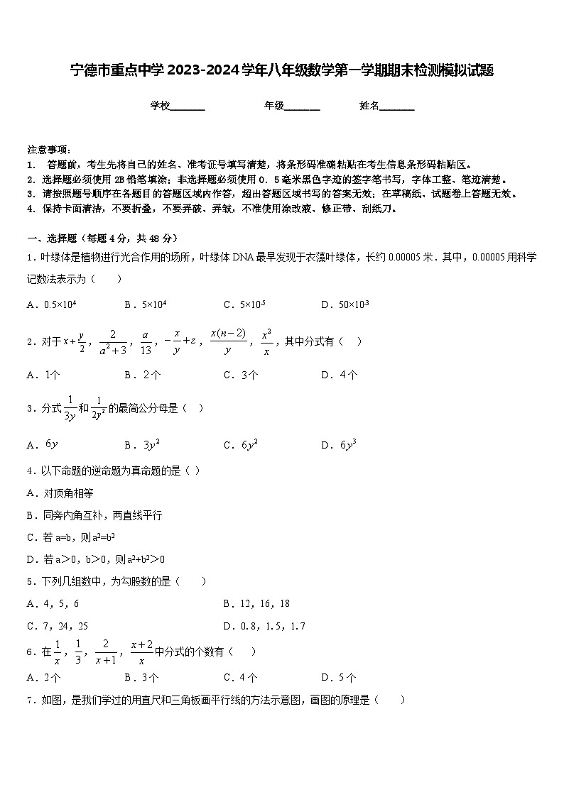 宁德市重点中学2023-2024学年八年级数学第一学期期末检测模拟试题含答案第1页