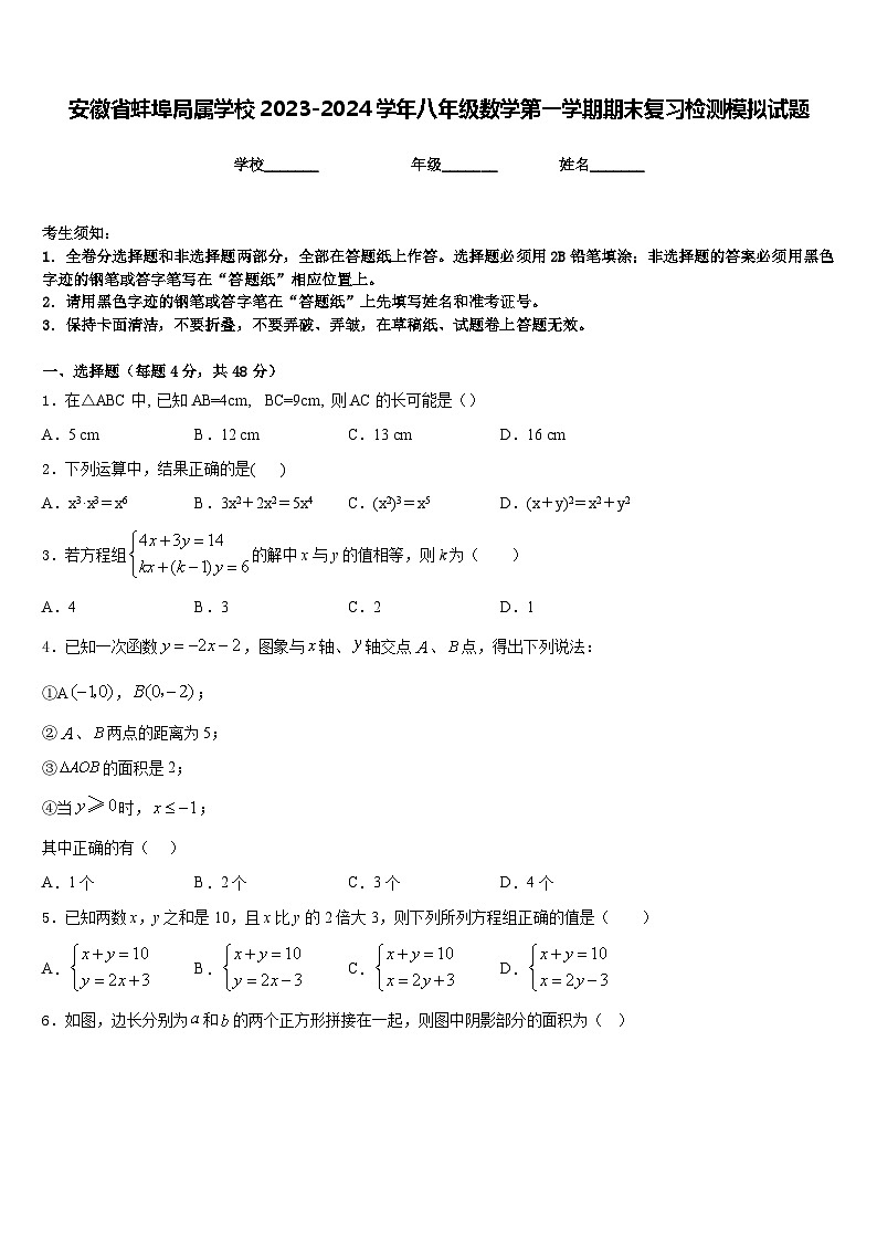 安徽省蚌埠局属学校2023-2024学年八年级数学第一学期期末复习检测模拟试题含答案01