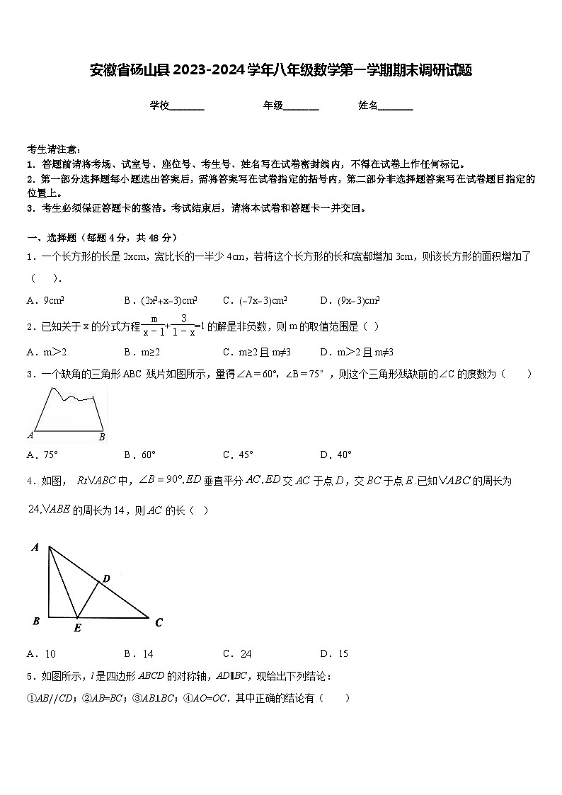 安徽省砀山县2023-2024学年八年级数学第一学期期末调研试题含答案第1页