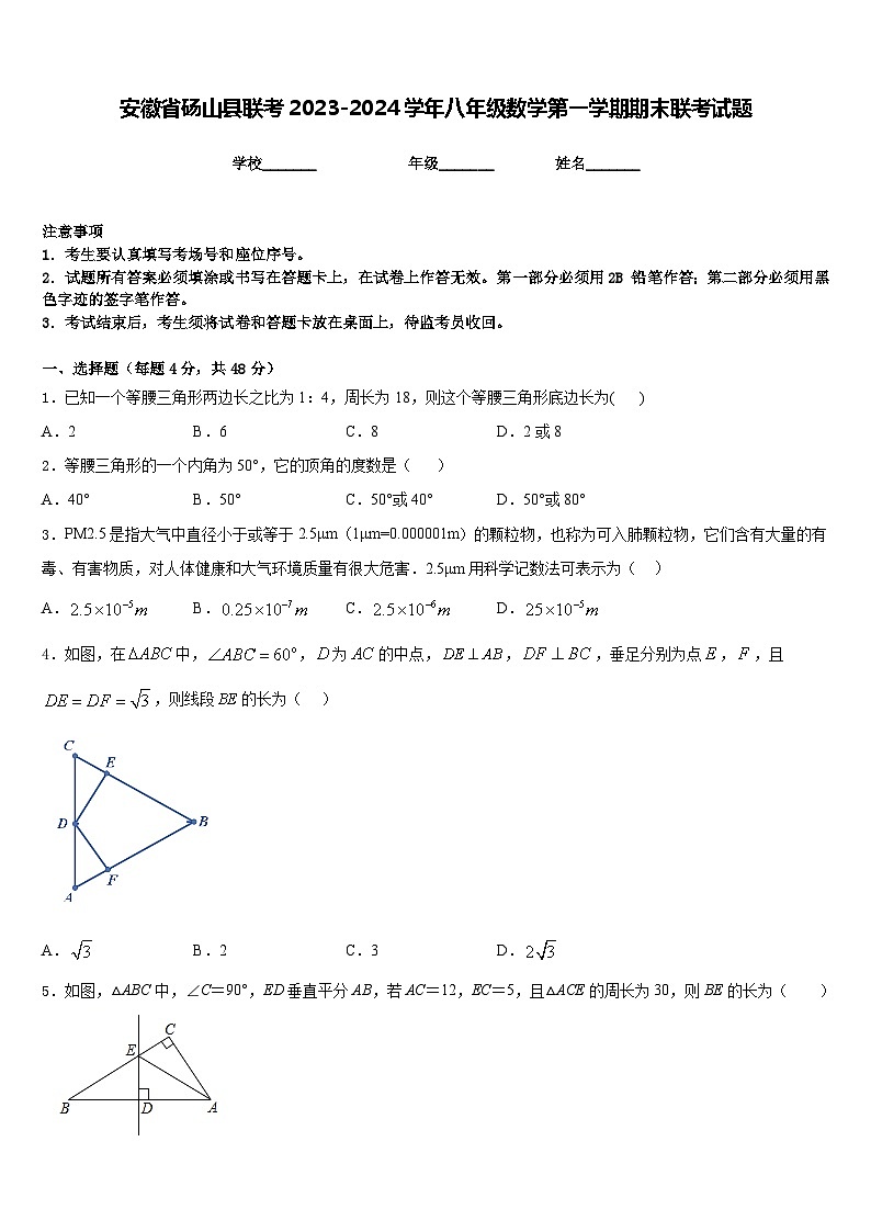 安徽省砀山县联考2023-2024学年八年级数学第一学期期末联考试题含答案第1页