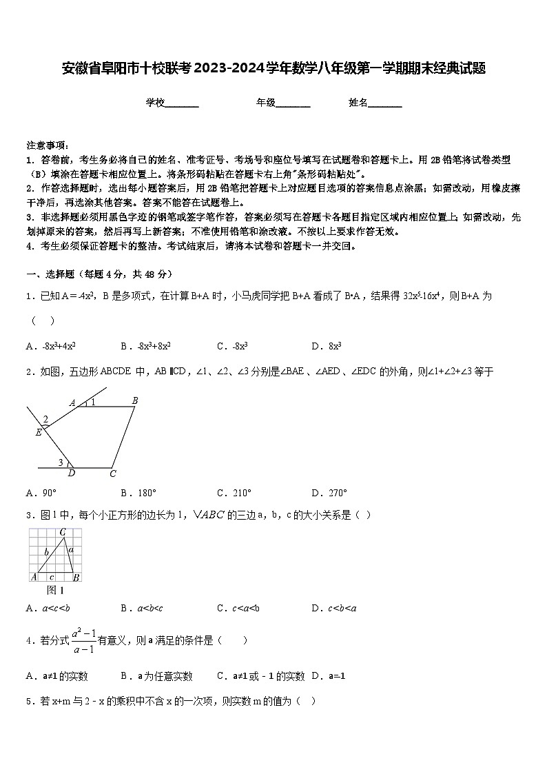 安徽省阜阳市十校联考2023-2024学年数学八年级第一学期期末经典试题含答案01