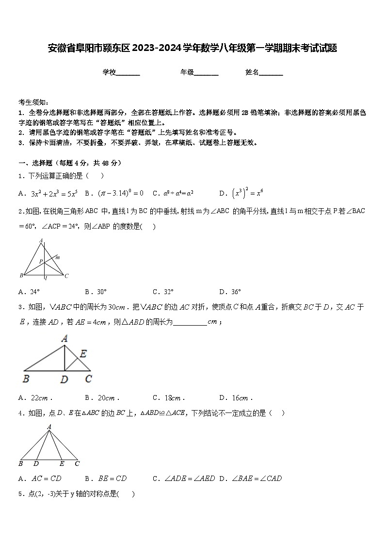 安徽省阜阳市颍东区2023-2024学年数学八年级第一学期期末考试试题含答案01