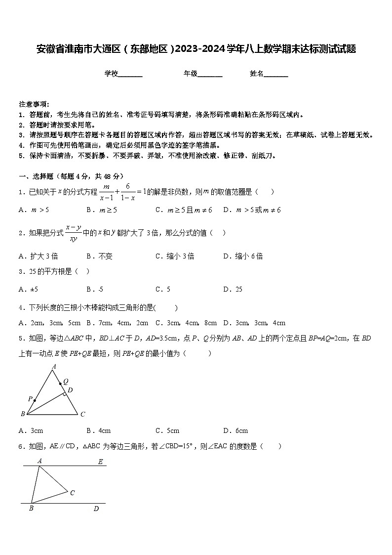 安徽省淮南市大通区（东部地区）2023-2024学年八上数学期末达标测试试题含答案第1页