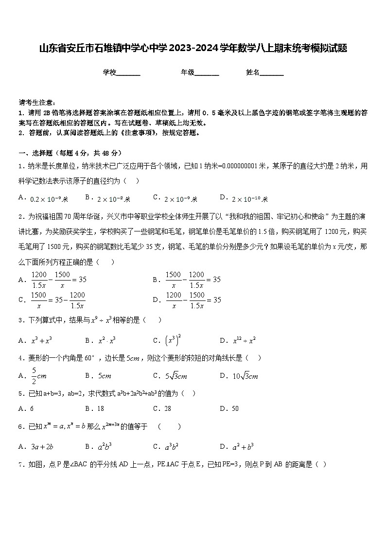 山东省安丘市石堆镇中学心中学2023-2024学年数学八上期末统考模拟试题含答案第1页