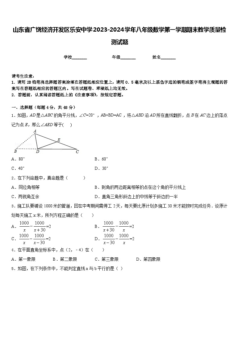 山东省广饶经济开发区乐安中学2023-2024学年八年级数学第一学期期末教学质量检测试题含答案01