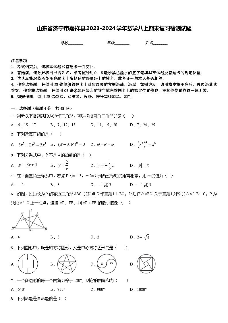 山东省济宁市嘉祥县2023-2024学年数学八上期末复习检测试题含答案第1页