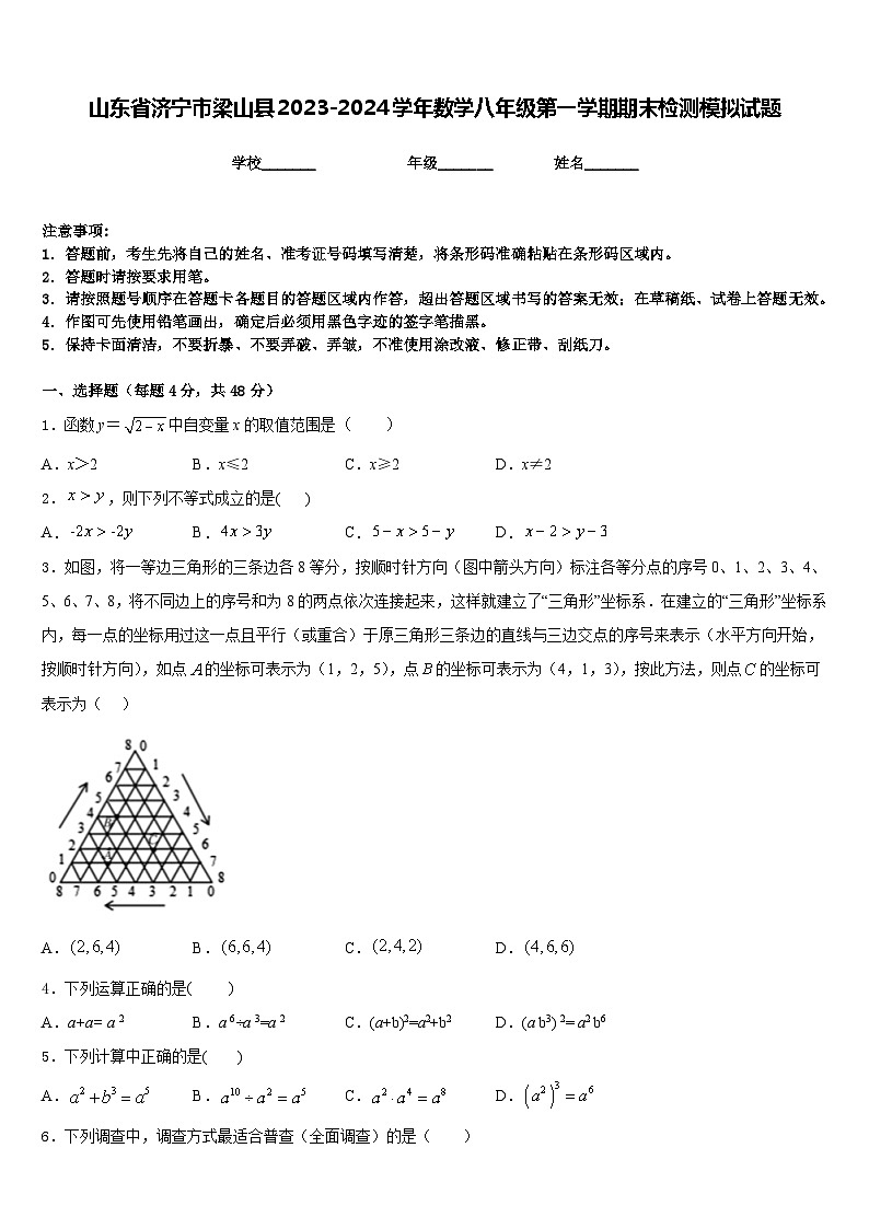 山东省济宁市梁山县2023-2024学年数学八年级第一学期期末检测模拟试题含答案01