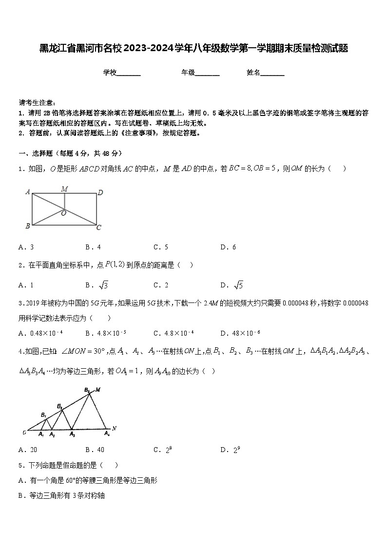 黑龙江省黑河市名校2023-2024学年八年级数学第一学期期末质量检测试题含答案第1页