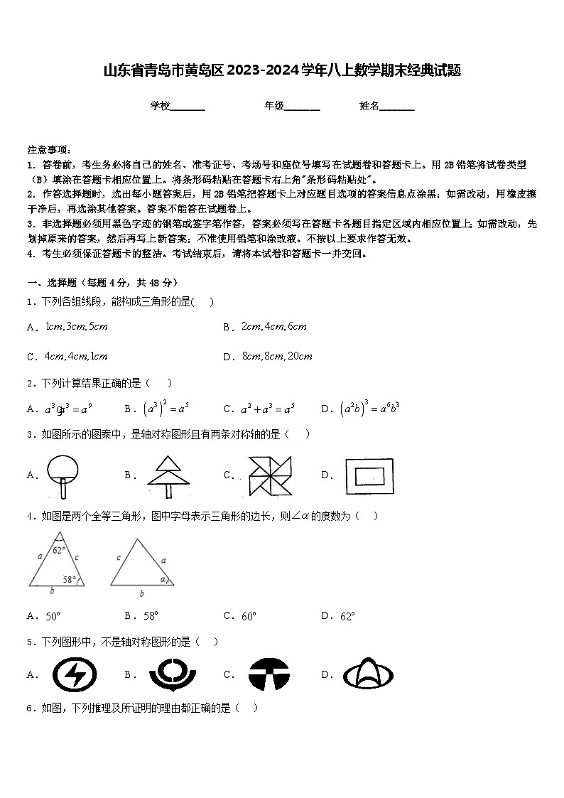 山东省青岛市黄岛区2023-2024学年八上数学期末经典试题含答案第1页