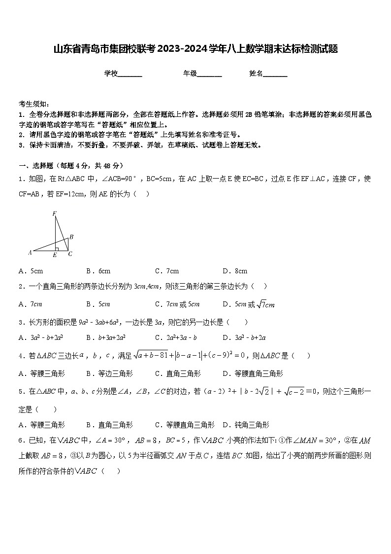 山东省青岛市集团校联考2023-2024学年八上数学期末达标检测试题含答案01
