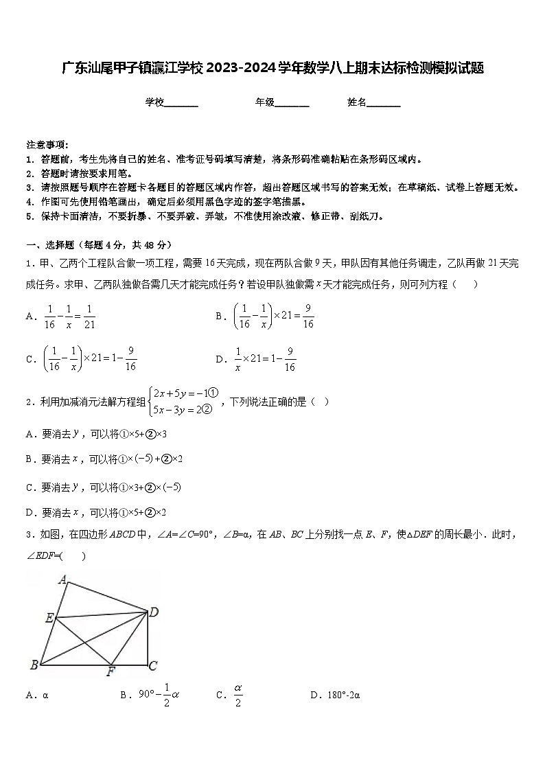 广东汕尾甲子镇瀛江学校2023-2024学年数学八上期末达标检测模拟试题含答案第1页