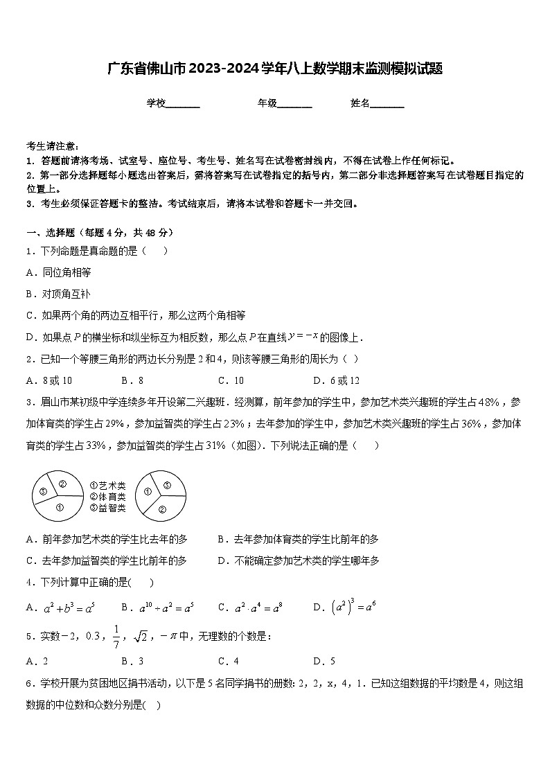 广东省佛山市2023-2024学年八上数学期末监测模拟试题含答案第1页