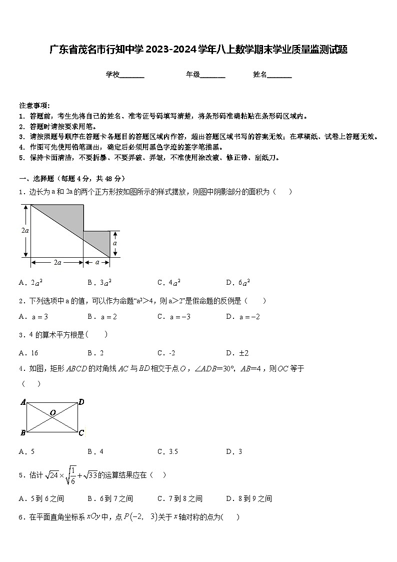 广东省茂名市行知中学2023-2024学年八上数学期末学业质量监测试题含答案01