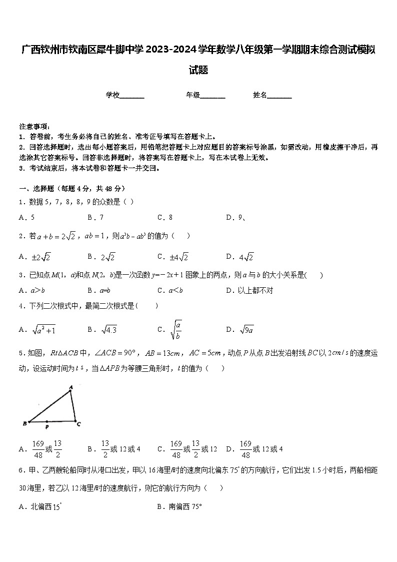 广西钦州市钦南区犀牛脚中学2023-2024学年数学八年级第一学期期末综合测试模拟试题含答案01