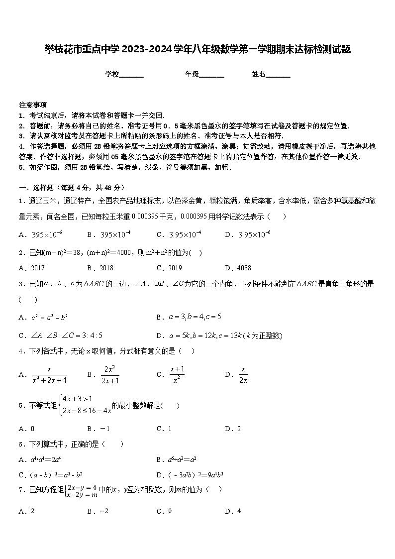攀枝花市重点中学2023-2024学年八年级数学第一学期期末达标检测试题含答案第1页