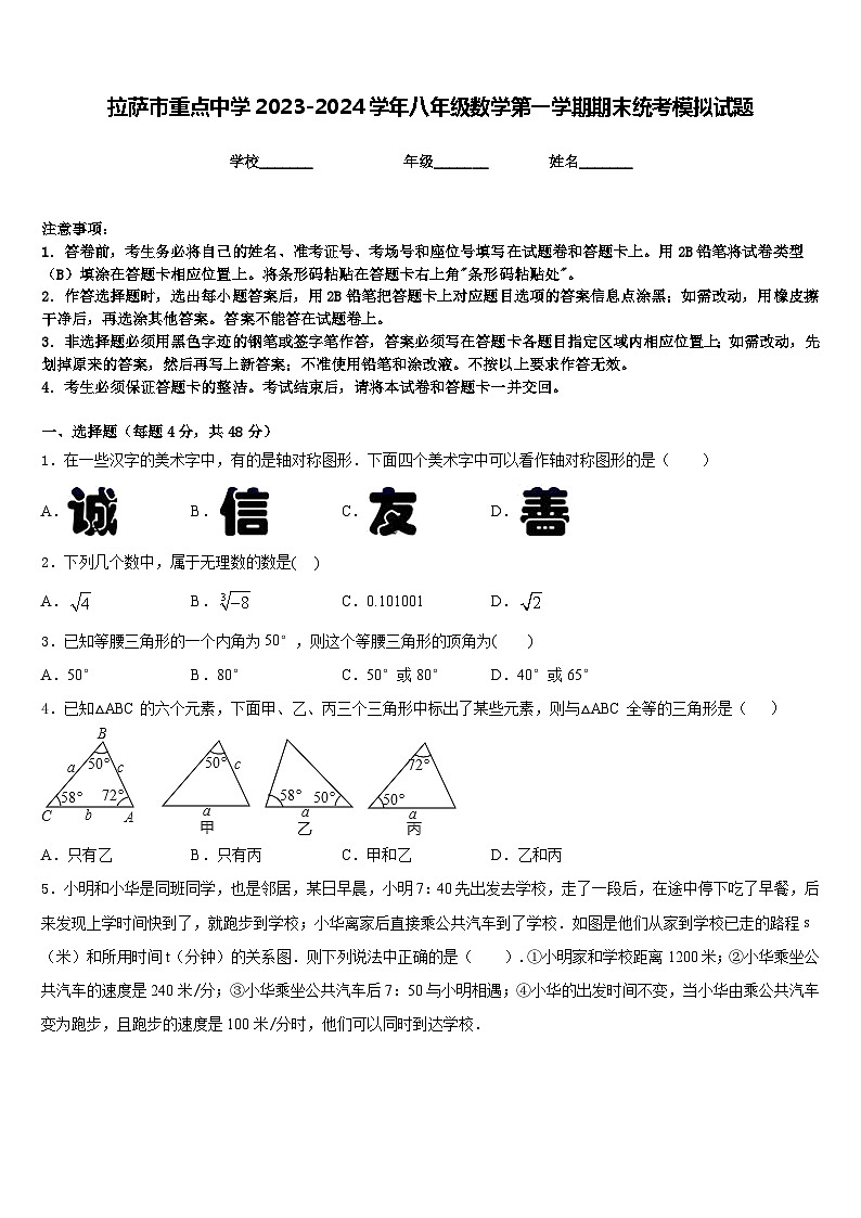 拉萨市重点中学2023-2024学年八年级数学第一学期期末统考模拟试题含答案第1页
