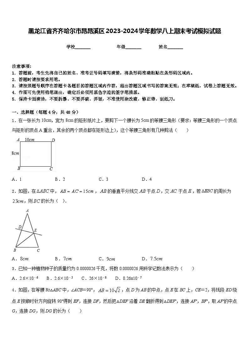 黑龙江省齐齐哈尔市昂昂溪区2023-2024学年数学八上期末考试模拟试题含答案01