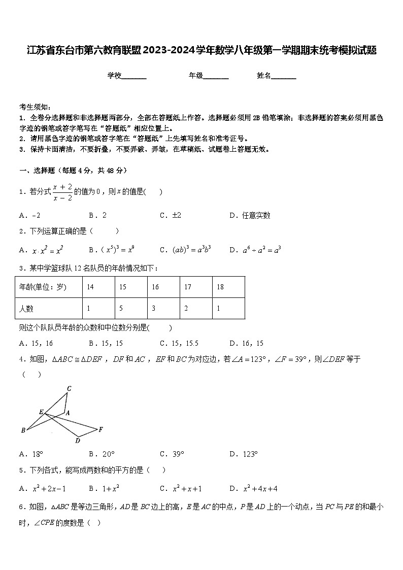 江苏省东台市第六教育联盟2023-2024学年数学八年级第一学期期末统考模拟试题含答案第1页