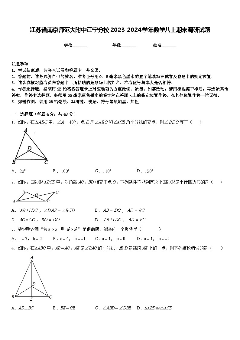 江苏省南京师范大附中江宁分校2023-2024学年数学八上期末调研试题含答案第1页