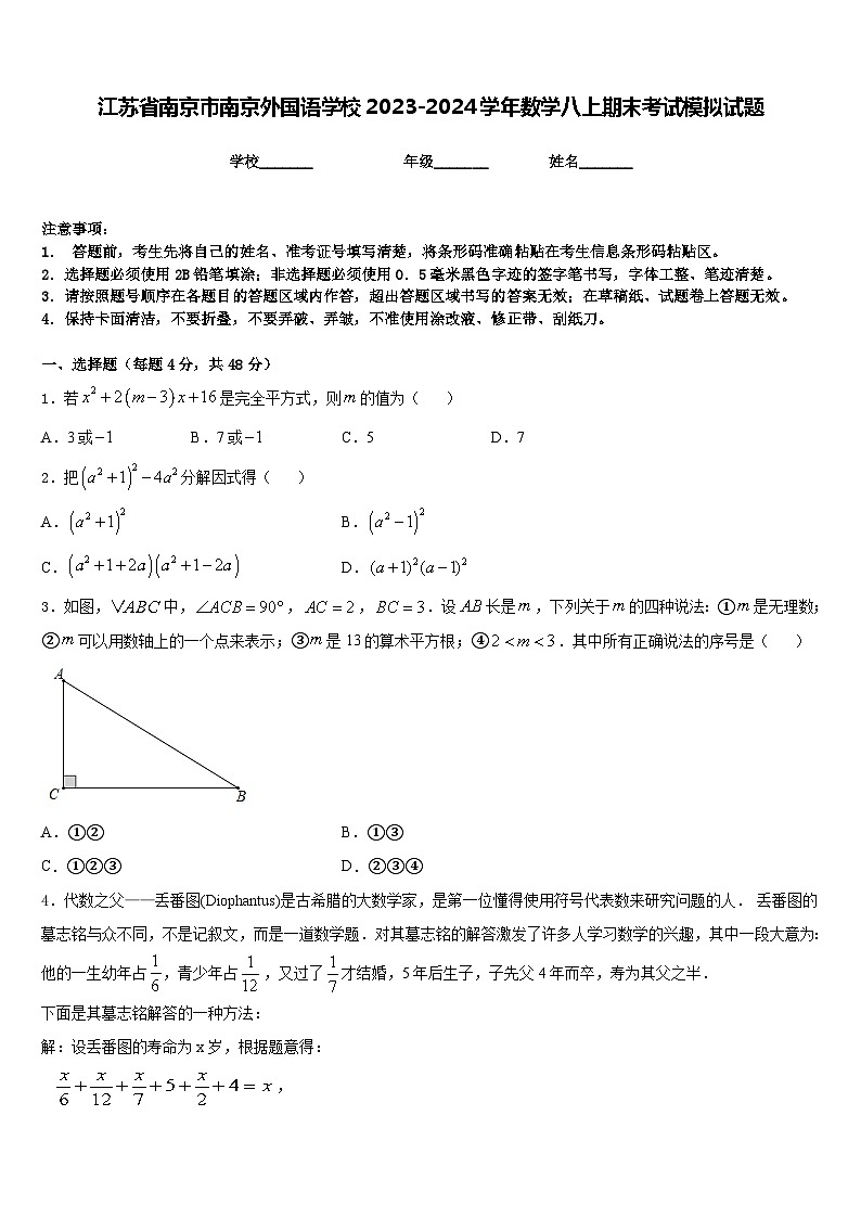 江苏省南京市南京外国语学校2023-2024学年数学八上期末考试模拟试题含答案第1页