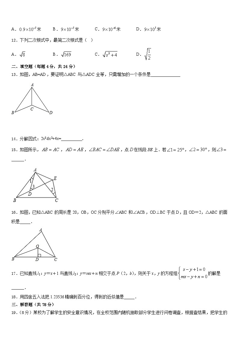 江苏省南师大附中树人学校2023-2024学年八年级数学第一学期期末达标检测模拟试题含答案第3页