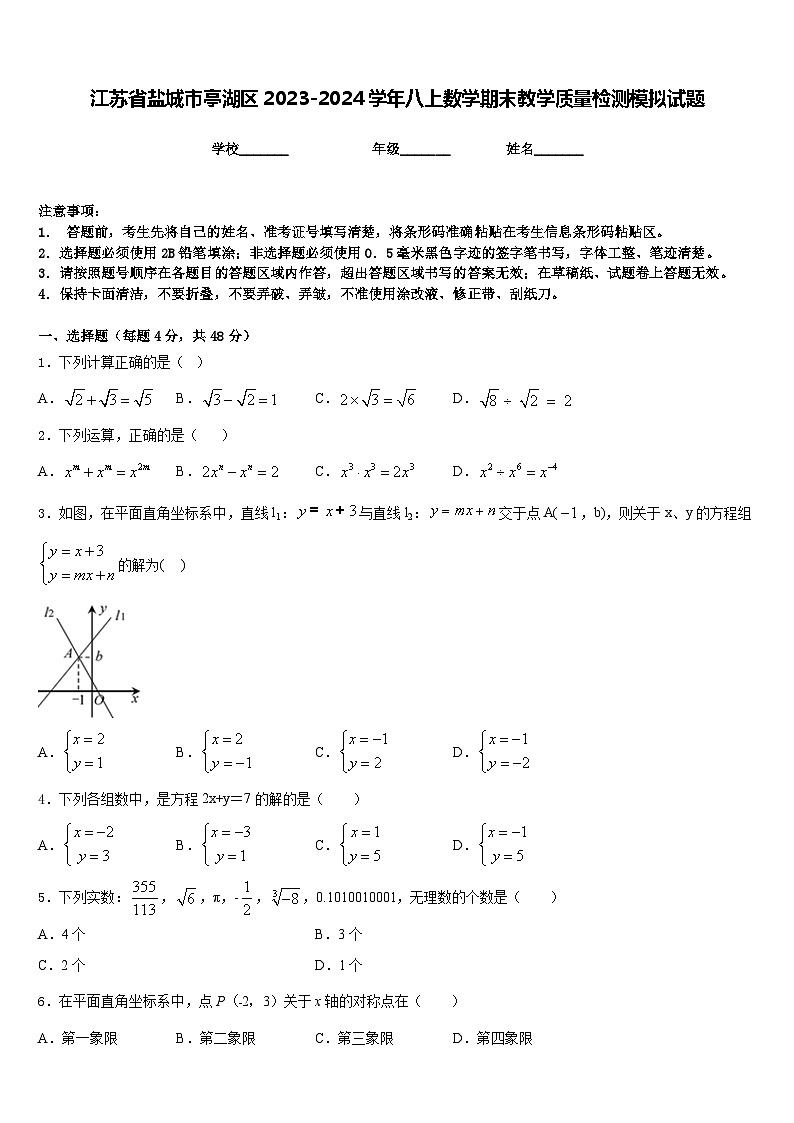 江苏省盐城市亭湖区2023-2024学年八上数学期末教学质量检测模拟试题含答案01