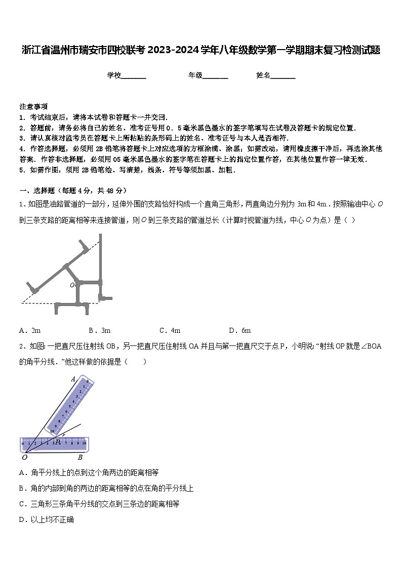 浙江省温州市瑞安市四校联考2023-2024学年八年级数学第一学期期末复习检测试题含答案第1页