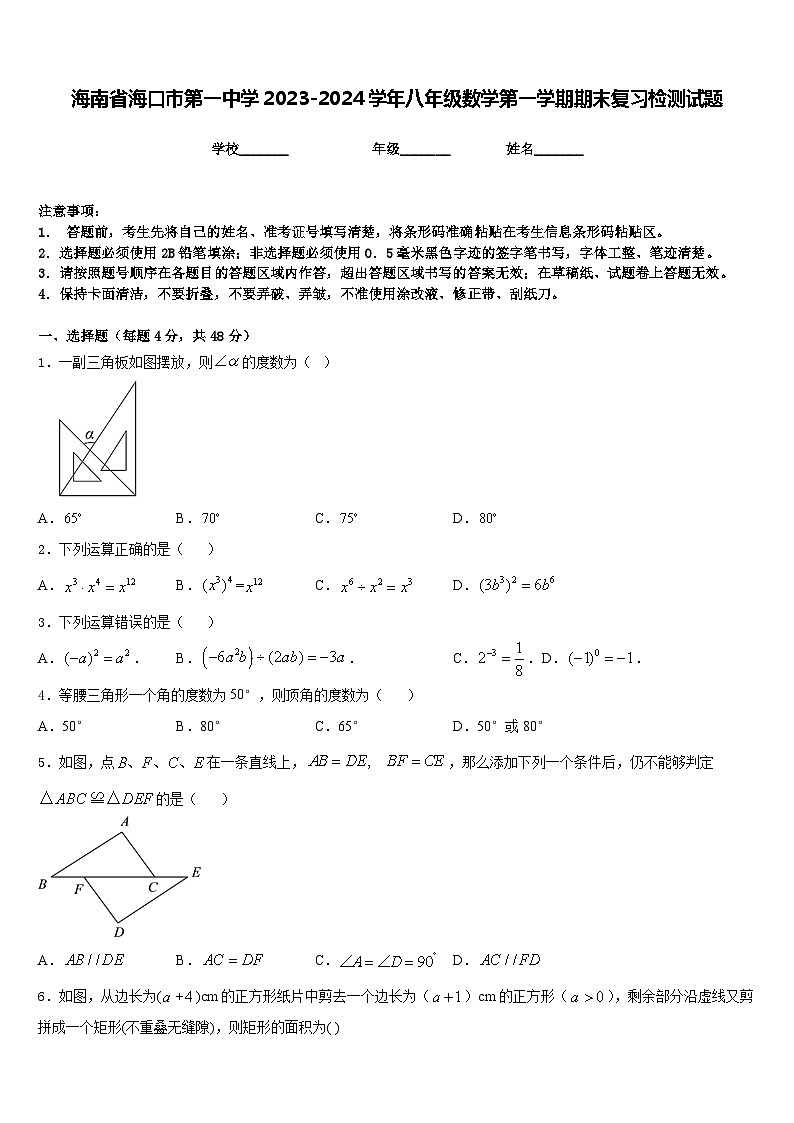 海南省海口市第一中学2023-2024学年八年级数学第一学期期末复习检测试题含答案01