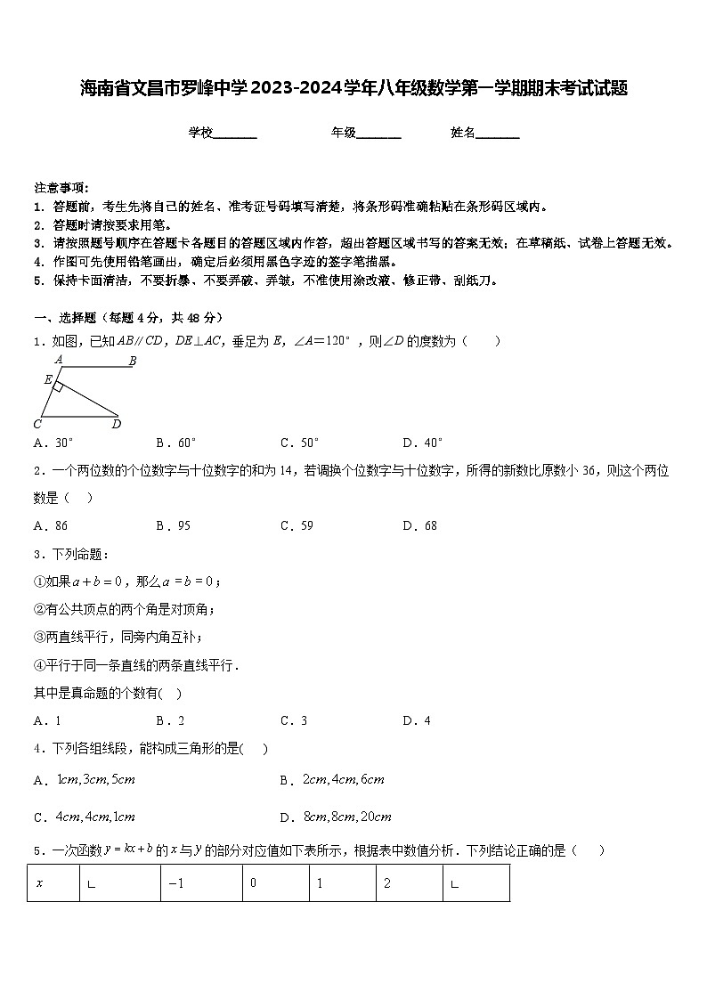 海南省文昌市罗峰中学2023-2024学年八年级数学第一学期期末考试试题含答案01