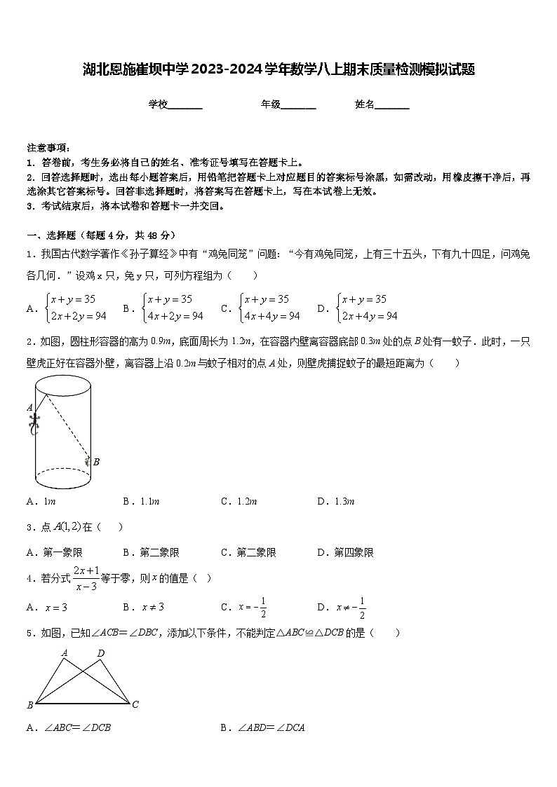 湖北恩施崔坝中学2023-2024学年数学八上期末质量检测模拟试题含答案01
