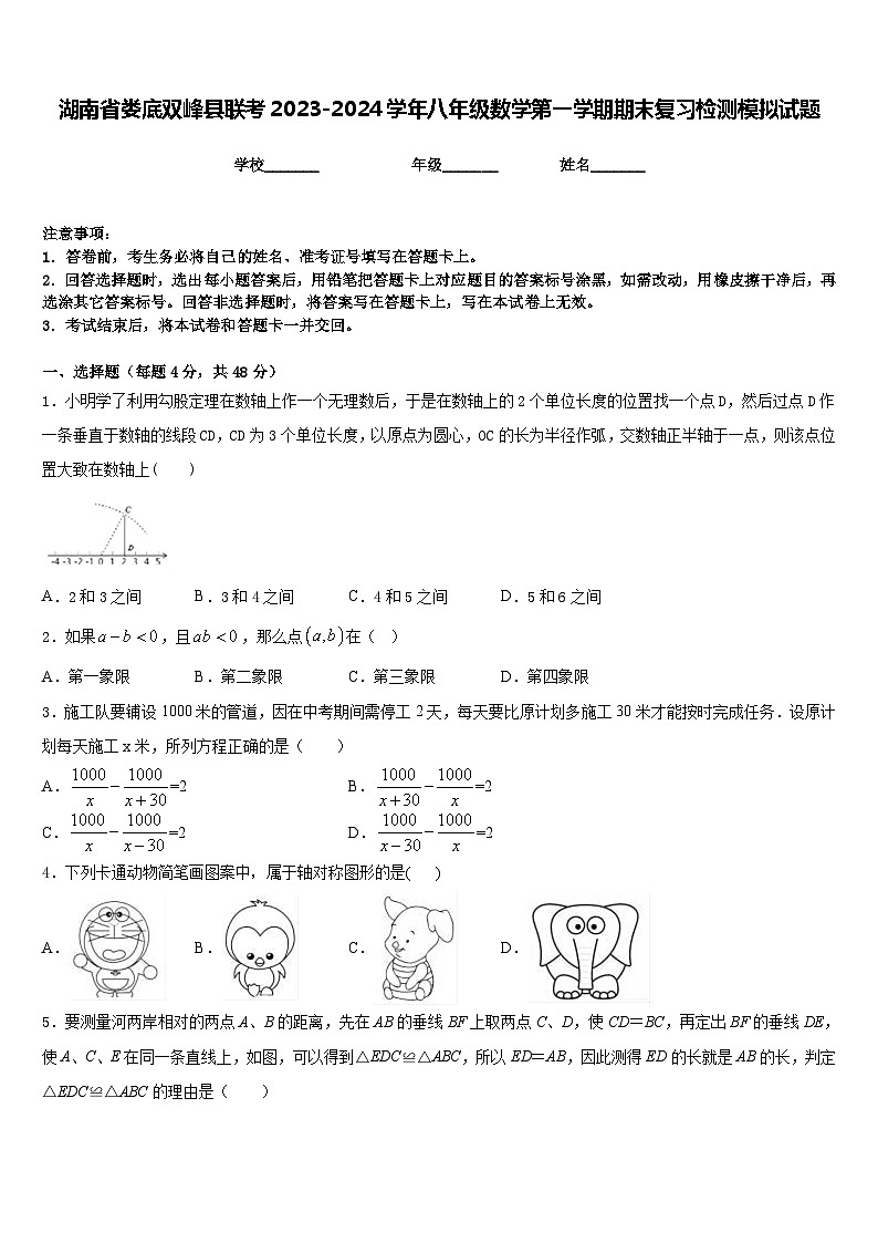 湖南省娄底双峰县联考2023-2024学年八年级数学第一学期期末复习检测模拟试题含答案第1页