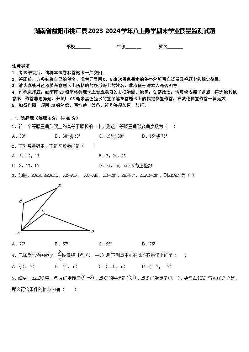 湖南省益阳市桃江县2023-2024学年八上数学期末学业质量监测试题含答案01