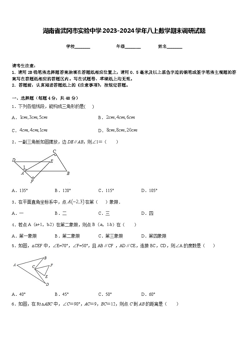 湖南省武冈市实验中学2023-2024学年八上数学期末调研试题含答案第1页